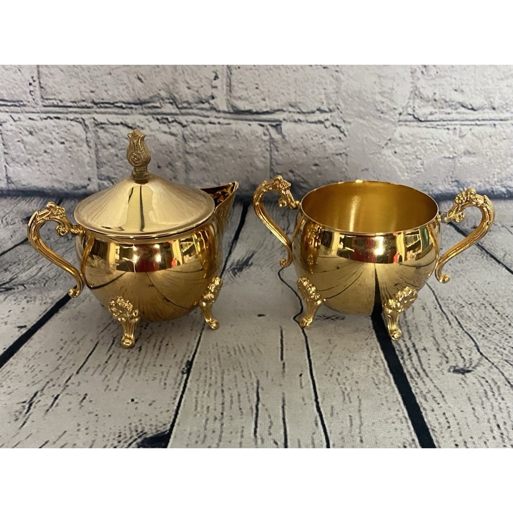 VTG International Gold Plated Footed Sugar and Creamer Set Made In Hong Kong